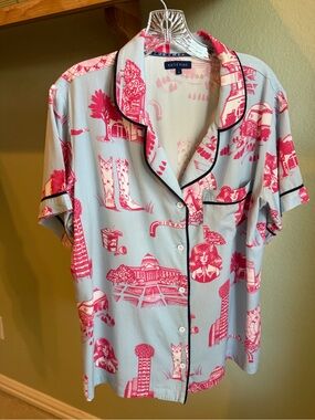 Katie Kime Dallas Toile Cotton Pajama Set Blue Pink Size Large